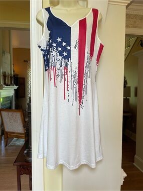 Boutique red white & blue flag like design dress Sz Med